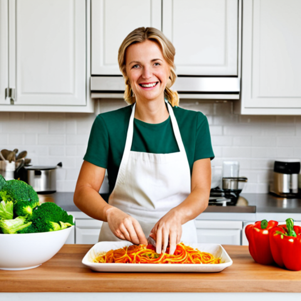 Allergy-Friendly Pasta Creation**

A smiling woman in a bright, modern kitchen preparing allergy-friendly pasta. She is fully clothed in modest, casual attire, wearing an apron. On the counter are various ingredients: gluten-free pasta, fresh vegetables (broccoli, carrots, bell peppers), a bowl of mashed ripe banana, and a carton of plant-based milk. The scene is well-lit and inviting. safe for work, appropriate content, fully clothed, family-friendly, professional photography, perfect anatomy, correct proportions, natural pose, well-formed hands, proper finger count, natural body proportions.

**