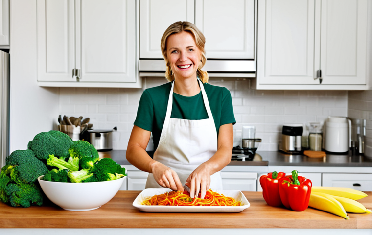 Allergy-Friendly Pasta Creation**

A smiling woman in a bright, modern kitchen preparing allergy-friendly pasta. She is fully clothed in modest, casual attire, wearing an apron. On the counter are various ingredients: gluten-free pasta, fresh vegetables (broccoli, carrots, bell peppers), a bowl of mashed ripe banana, and a carton of plant-based milk. The scene is well-lit and inviting. safe for work, appropriate content, fully clothed, family-friendly, professional photography, perfect anatomy, correct proportions, natural pose, well-formed hands, proper finger count, natural body proportions.

**