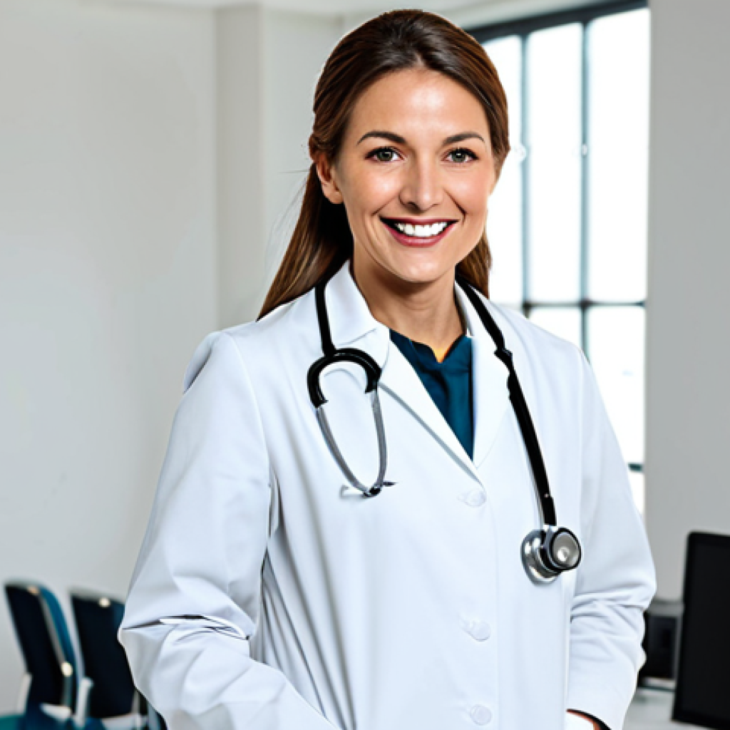 **

"A professional female doctor in a modest white coat, stethoscope around her neck, smiling gently in a bright, modern hospital office. Fully clothed, appropriate attire, safe for work, perfect anatomy, natural proportions, professional portrait, high quality, family-friendly."

**