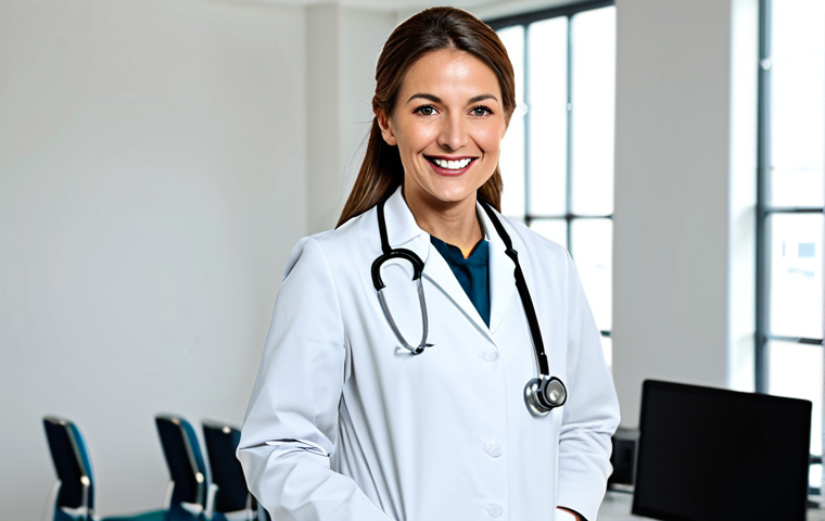 **

"A professional female doctor in a modest white coat, stethoscope around her neck, smiling gently in a bright, modern hospital office. Fully clothed, appropriate attire, safe for work, perfect anatomy, natural proportions, professional portrait, high quality, family-friendly."

**