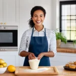 알레르기 유발 식품 대체 레시피 - **Prompt:** A cozy and brightly lit kitchen scene featuring a smiling female baker in her 30s, weari...