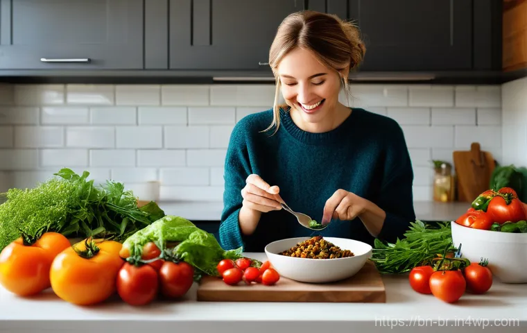 대체 식품의 안전한 섭취 방법 - **"First Bite of Wellness"**
A warm, inviting kitchen scene filled with natural light. A person,...