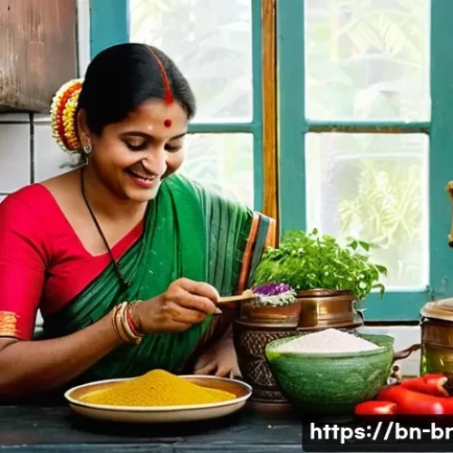 대체 식품의 맛을 높이는 조리법 - **A Vibrant Bengali Kitchen with Aromatic Spices and Fresh Herbs:**
    A warm, inviting Bengali kit...