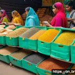 알레르기 대체 식품 시장 트렌드 - A vibrant, natural food market scene in Bangladesh featuring colorful stalls with allergy-free produ...