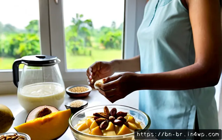 알레르기 대체 식품으로 만드는 디저트 - Photorealistic allergy-friendly dessert preparation on a bright home kitchen counter, a South Asian ...