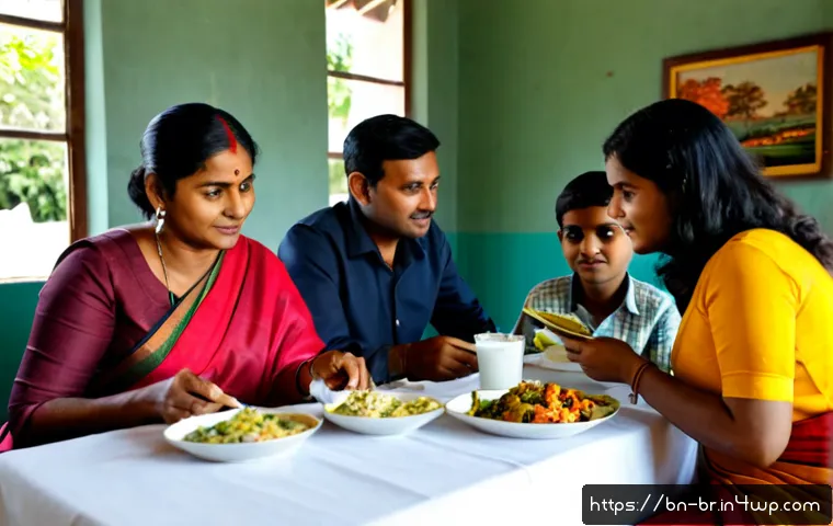 알레르기 식품 회피를 위한 레스토랑 선택 - Photorealistic Bangladeshi family choosing a restaurant safely for food allergies, middle-aged woman...