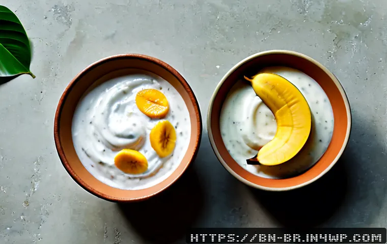 대체 식품의 맛과 질감 비교 - Photorealistic overhead comparison of traditional Bengali dairy yogurt and creamy plant-based yogurt...