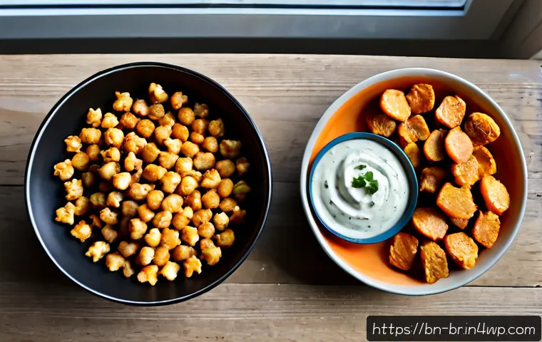 Home 17 대체 식품으로 건강한 스낵 만들기 - Photorealistic overhead kitchen scene of healthy homemade alternative snacks: crisp roasted chickpea...